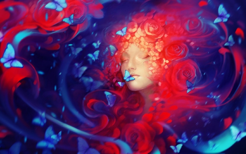 1080P, 1920x1200 px, mood, CG, face, ducks, art, animals, color, hd, Butterfly, red, Females, surreal, fantasy, x, Blue, digital, px, girl, women, redhead