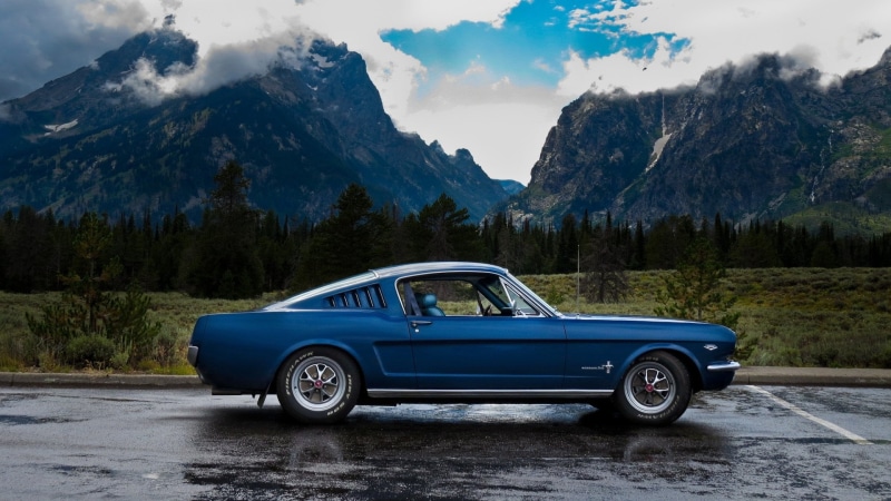 mountain, tree, formation, mountain range, Vehicles, 1080P, transportation, mode of transportation, day, Ford Mustang Fastback, mountain peak, nature
