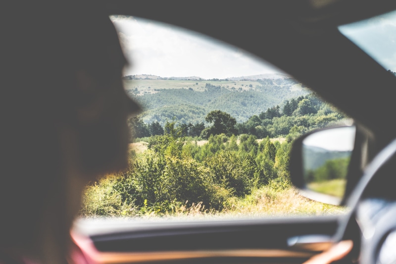 land Vehicle, people, Countryside, Car, tree, outdoors, car interior, mode of transportation, window, motor vehicle, sky, one Person, journey, transparent