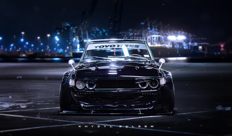 transportation, glowing, motor vehicle, building exterior, Toyota Celica, outdoors, city, 1080P, widebody, Khyzyl Saleem, no people, focus on foreground