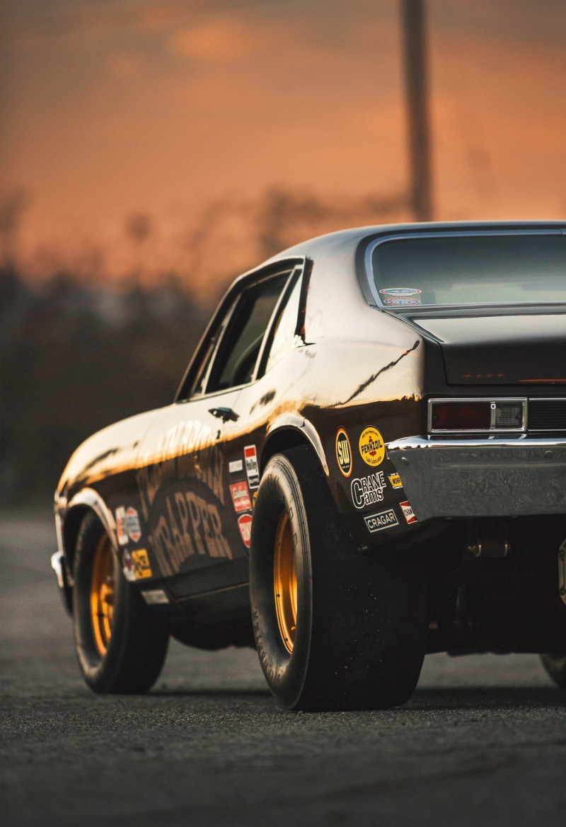 tire, road, mode of transportation, nature, car, no people, silver colored, speed, race cars, street, retro styled, Chevrolet Nova, yellow, transportation