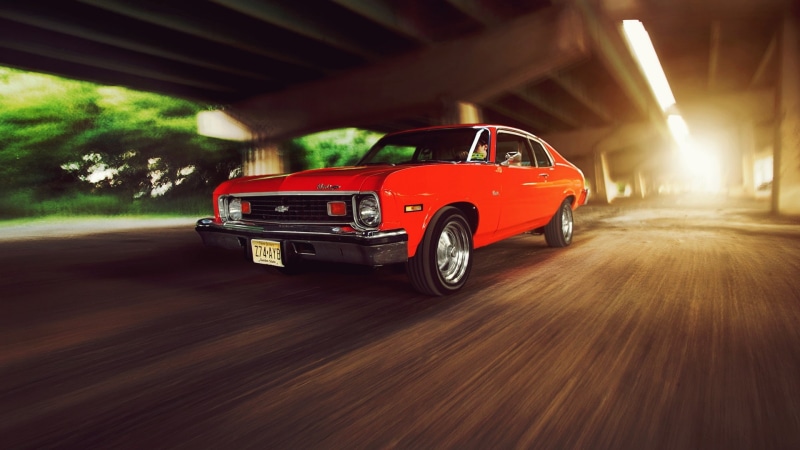 motion, car, classic, sunlight, 1080P, hd, chevrolet, blur, nova, red, cars