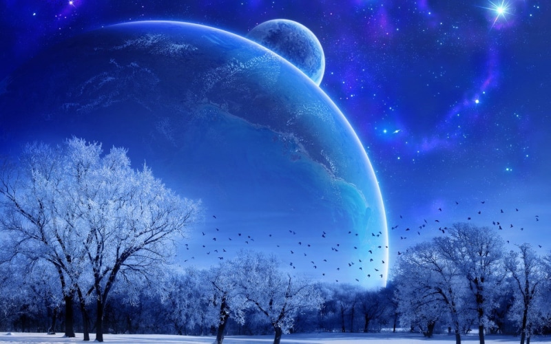 digital art, filled, birds, snow, winter, digital, art, tree, planet, landscape, brids, moon, 720P
