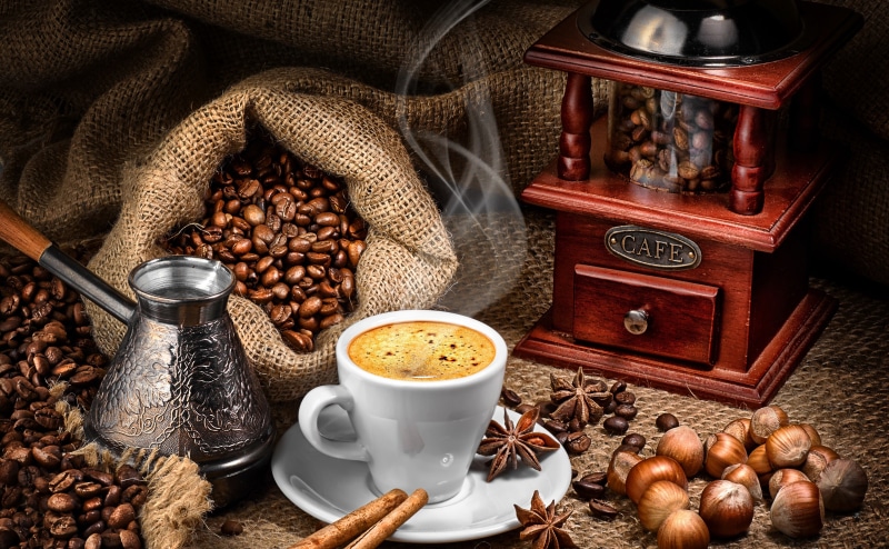 refreshment, no people, indoors, coffee - drink, food, table, Steam, flavor, mug, jute, 4K, still life, spice, Coffee, freshness, drink, healthy eating