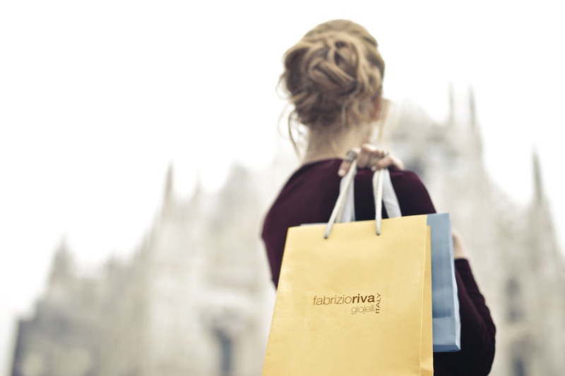 ring, blond, shopping bag, dress, city, women, jewelry, hand, red, consumerism, bags, woman, velvet, people, street, retail, shoulder, young, adult, white