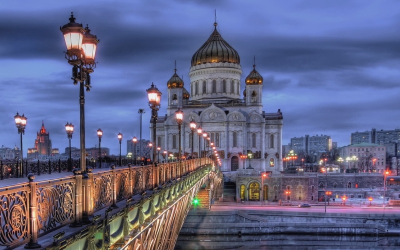 HDR, cathedral, bridge - man made structure, building, religion, built structure, Russia, street light, place of worship, Moscow, dusk, sky, city, old building