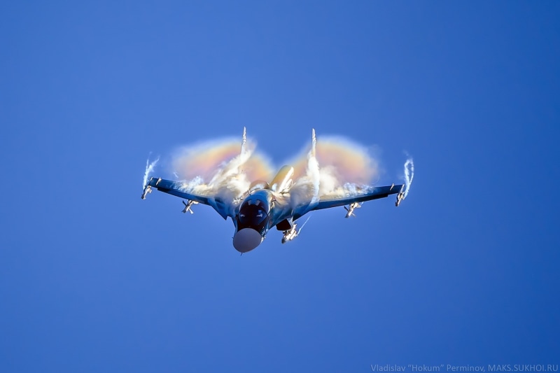 mid-air, low angle view, Sukhoi Su-34, no people, clear sky, air vehicle, nature, fighter plane, sky, blue, flying, transportation, speed, army, military aircraft