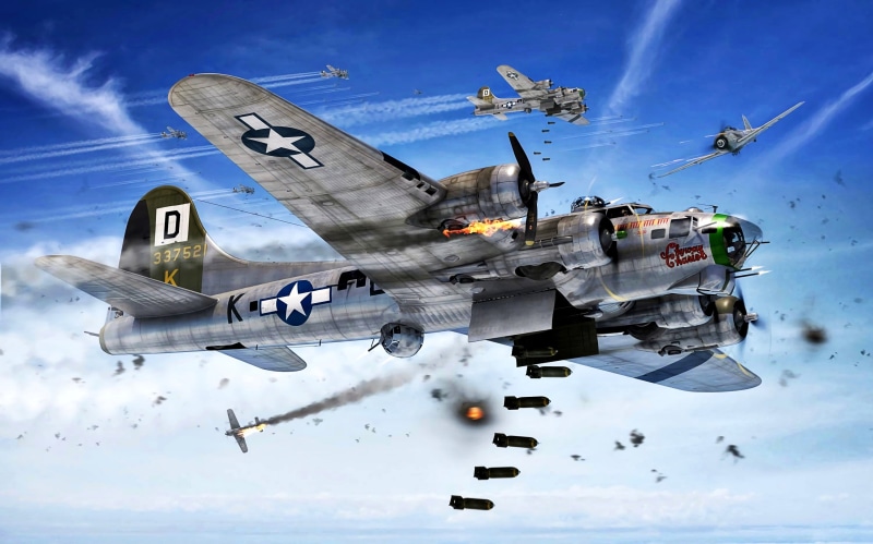bombs, vapor trail, B-17G, Fw.190A, Luftwaffe, 2K, Strategic bombing of Germany, attack, The second World war, war in the air