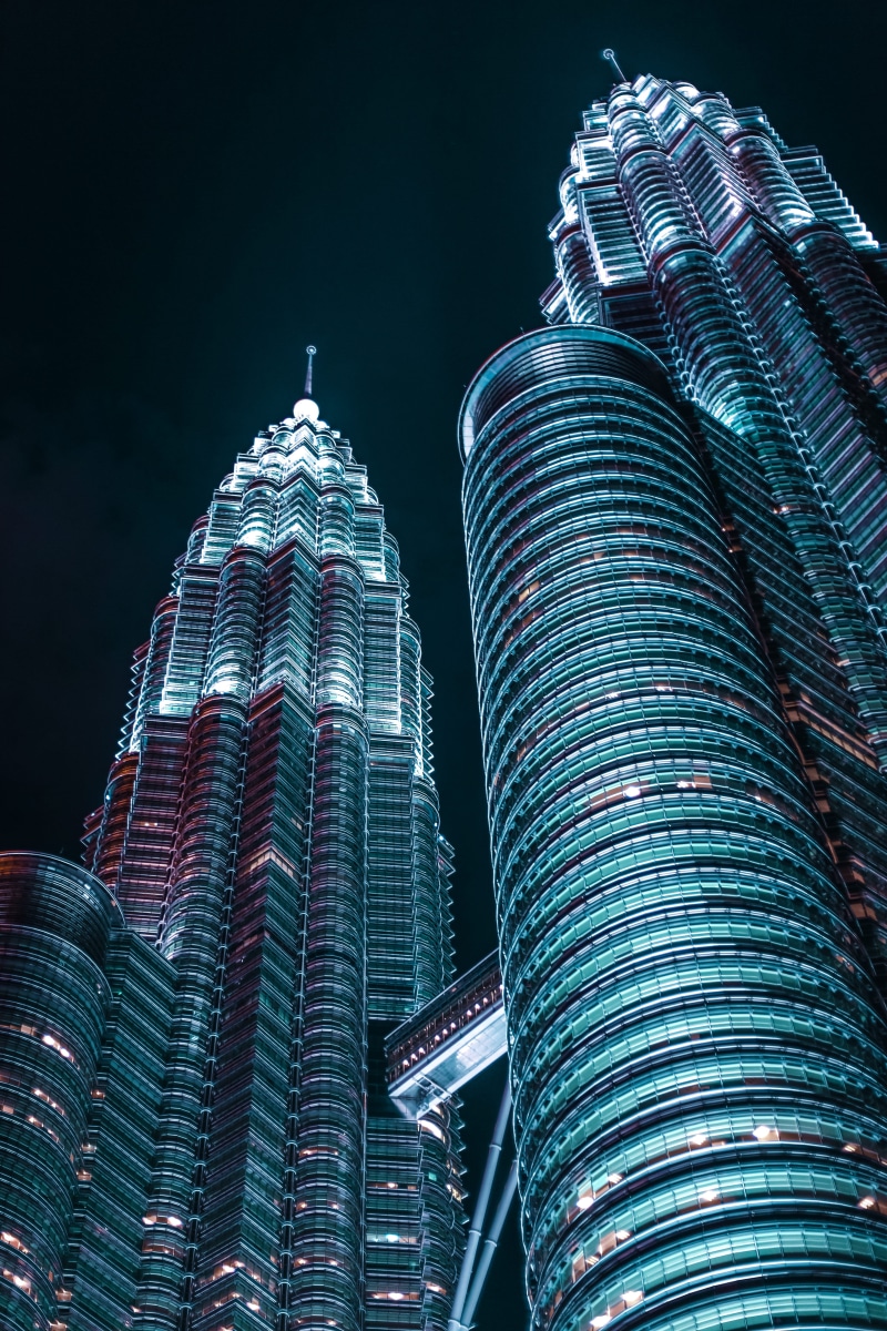 office, urban, building exterior, architecture, blue, office building exterior, building, sky, no people, night, photography, spire, low, financial district