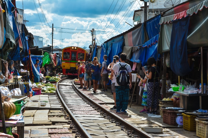 mode of transportation, market, built structure, travel, train, building exterior, train track, crowd, tourist, track, street market, 4K, outdoors, rail transportation