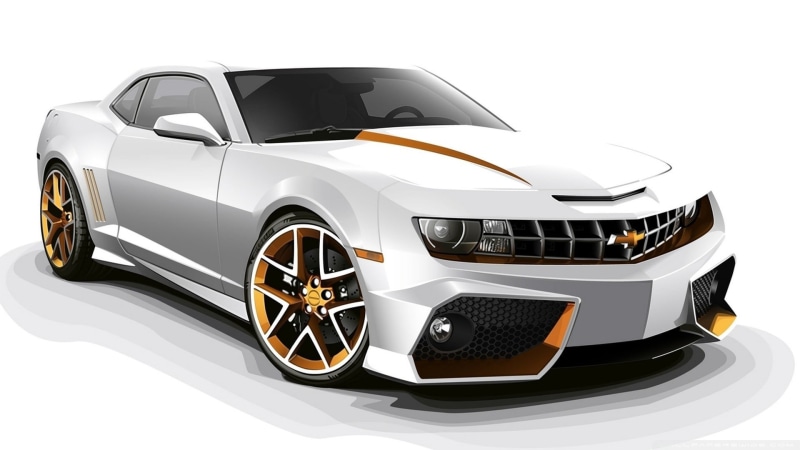 white cars, arts culture and entertainment, technology, indoors, studio shot, Chevrolet Camaro, still life, motor vehicle, white background, table, chrome