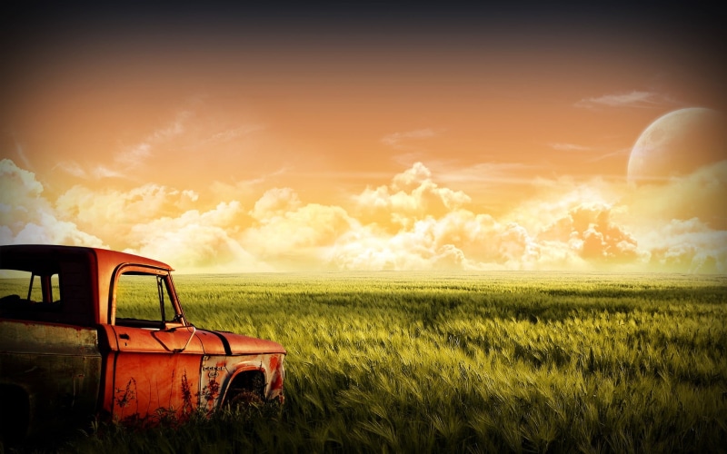cab, crop, vehicle, planet, photo manipulation, space art, farm, mode of transportation, car, plants, Moon, single, 1080P, nature, red cars, old car, wreck