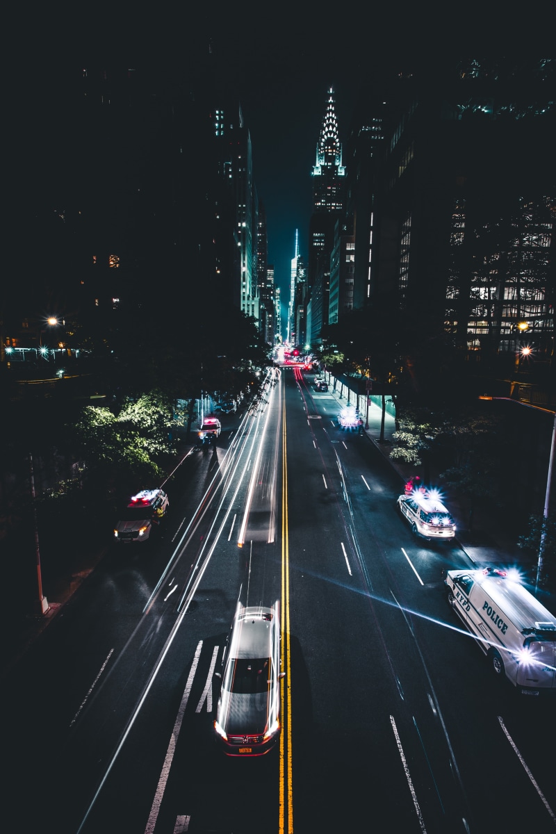 city street, car, city Life, illuminated, skyscraper, sign, downtown District, usa, road, transportation, night city, cars, no people, traffic, new york