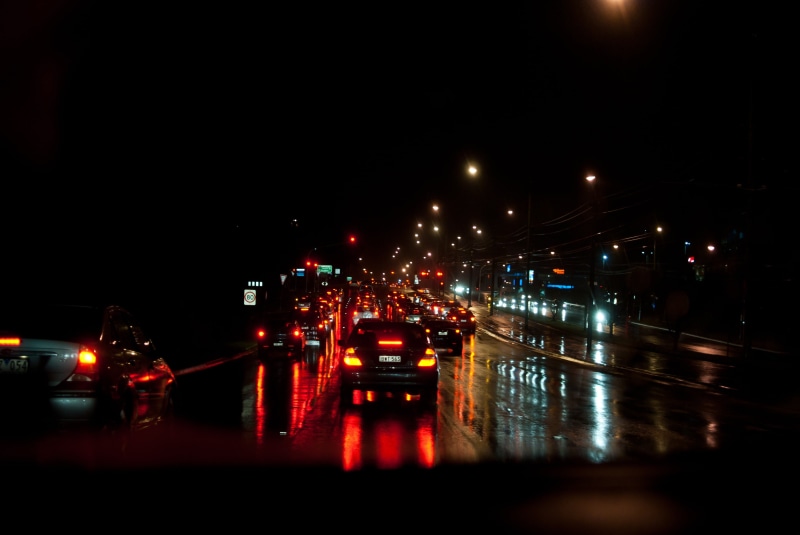building exterior, highway, color Image, built structure, industry, motion, no people, red, sky, street, traffic Jam, road, car, land Vehicle, nature, traffic