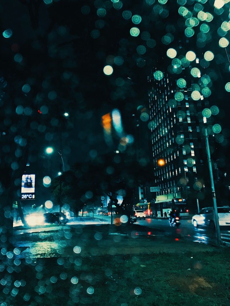 weather, mode of transportation, long-exposure, building exterior, built structure, transportation, nighttime, motor vehicle, water, 4K, raining, glowing