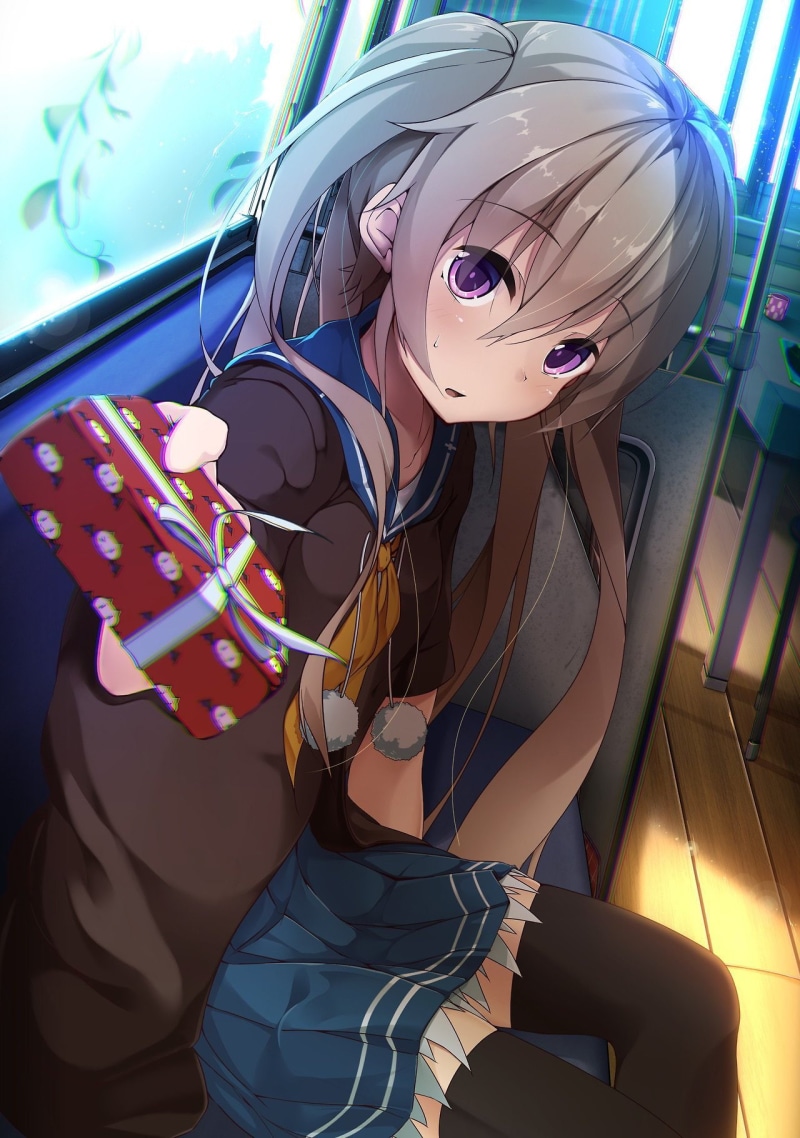 720P, school uniform, violet eyes, chromatic aberration, thigh-highs, anime, anime girls