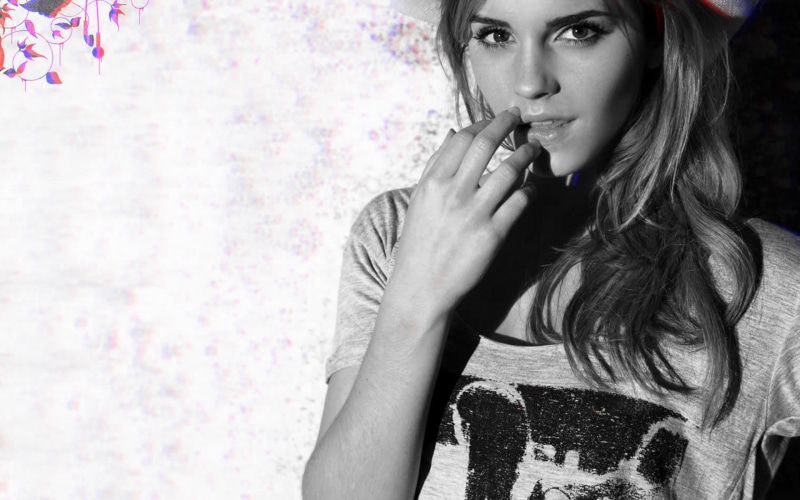 looking at viewer, monochrome, actress, Emma Watson, women, 1080P, chromatic aberration, finger on lips, anaglyph 3D, T-shirt