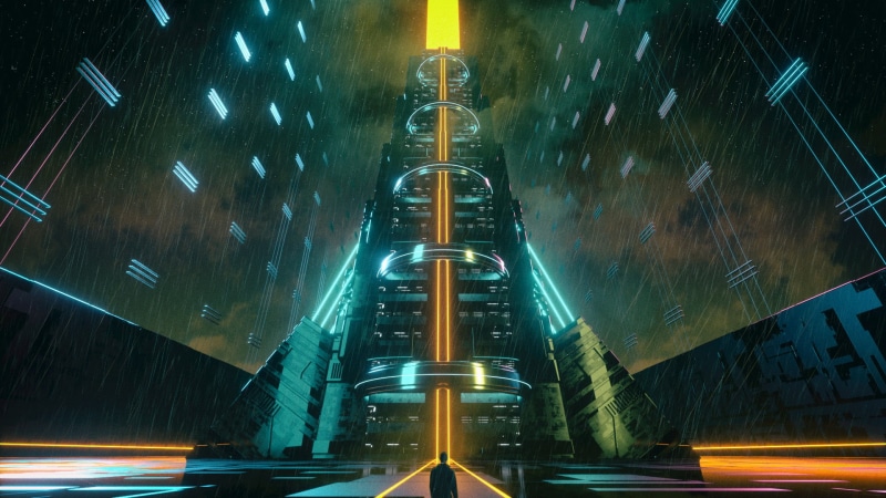 David Legnon, glowing, cyberpunk, neon glow, 1080P, elevator, night, rain, orange