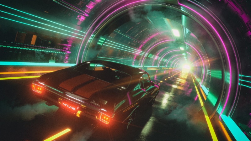 neon glow, David Legnon, tunnel, glowing, pink, Hypercar, cyan, 1080P, car