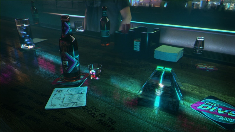 David Legnon, table, beer, glass, cyan, ice cubes, 1080P, neon glow