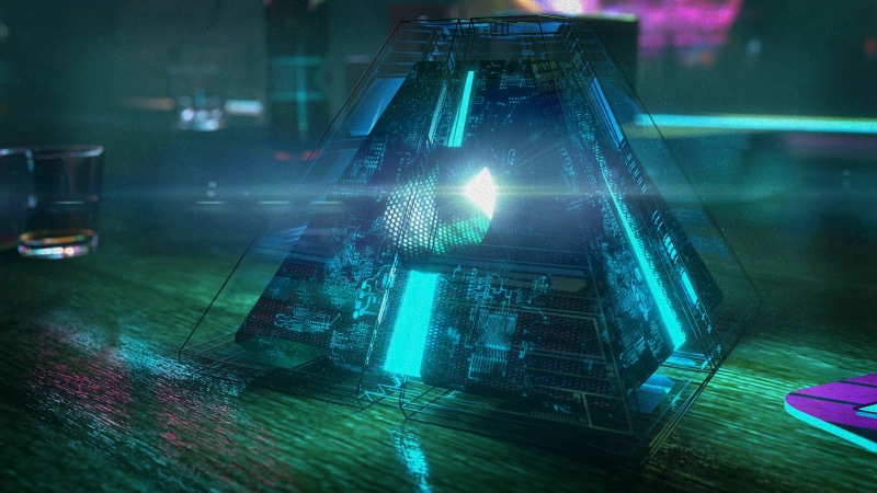 blue light, David Legnon, science fiction, Artifacts, 1080P, pyramid, glowing, cyberpunk, circuits, glass