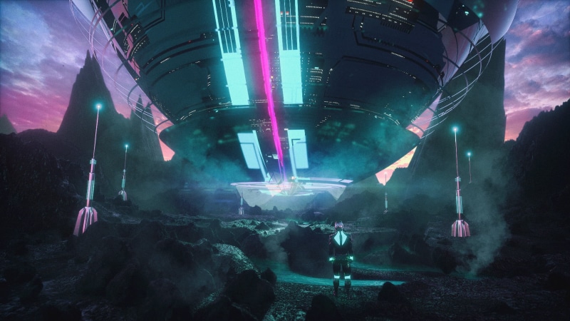 David Legnon, mist, Offworld, purple, Beacon, cyan, suits, science fiction, neon glow, 1080P, rocks
