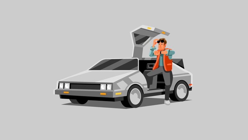 copy space, gray background, illustration, 1080P, DeLorean, mode of transportation, coupe, studio shot, choice, full length, indoors, adult, travel, young adult