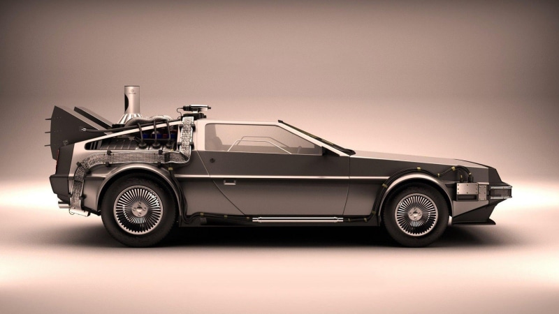 car, motor vehicle, side view, 1080P, vintage car, profile view, no people, Back to the Future, studio shot, gray, mode of transportation, nostalgia, stationary