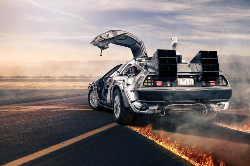road, rear, Back to the Future, DMC-12, fire, DeLorean, silvery, silver, the DeLorean, flame, 1080P
