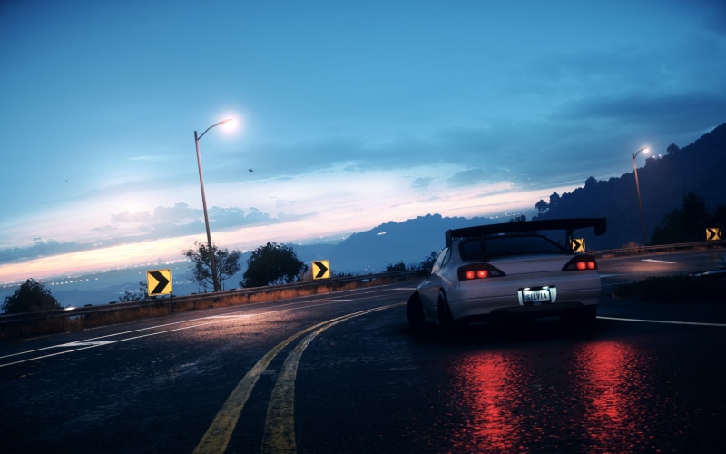 illuminated, Need for Speed, sign, no people, mode of transportation, direction, 2K, road, sky, night, outdoors, city, motor vehicle, street light, Nissan S15