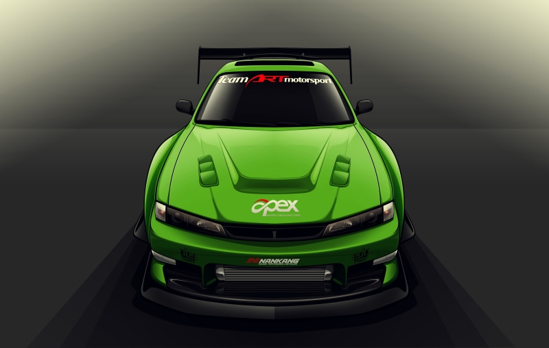 connection, front view, green, car, no people, mode of transportation, green color, studio shot, indoors, transportation, Nissan, land vehicle, Drift Spec Vector