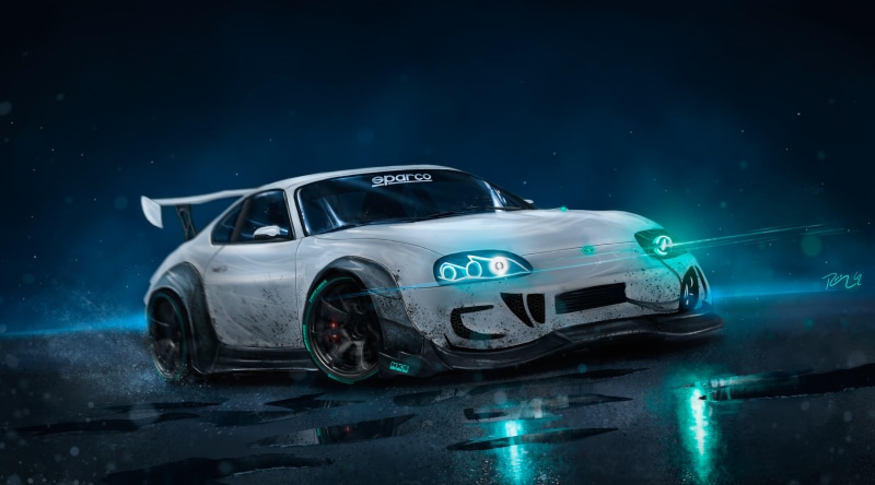 mode of transportation, Custom, night, Toyota Supra, outdoors, one person, number, land vehicle, text, protection, car accident, smoke - physical structure