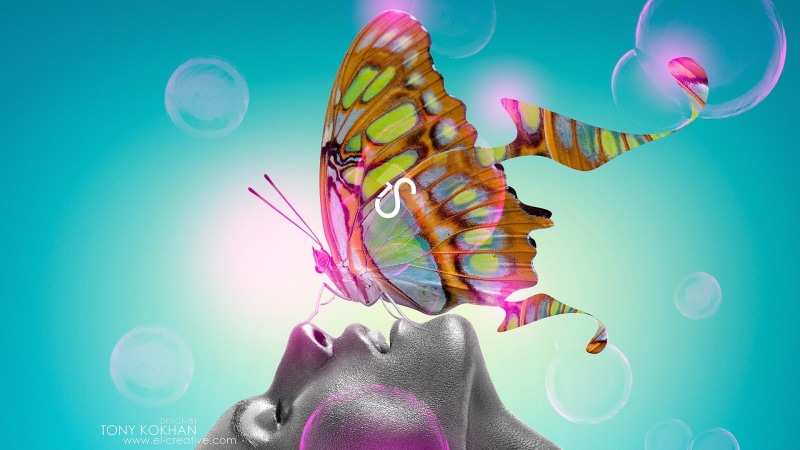 nature, studio shot, model, tony kokhan, human body part, multi colored, digital composite, butterfly, creativity, balloon, Butterfly kiss, pink color