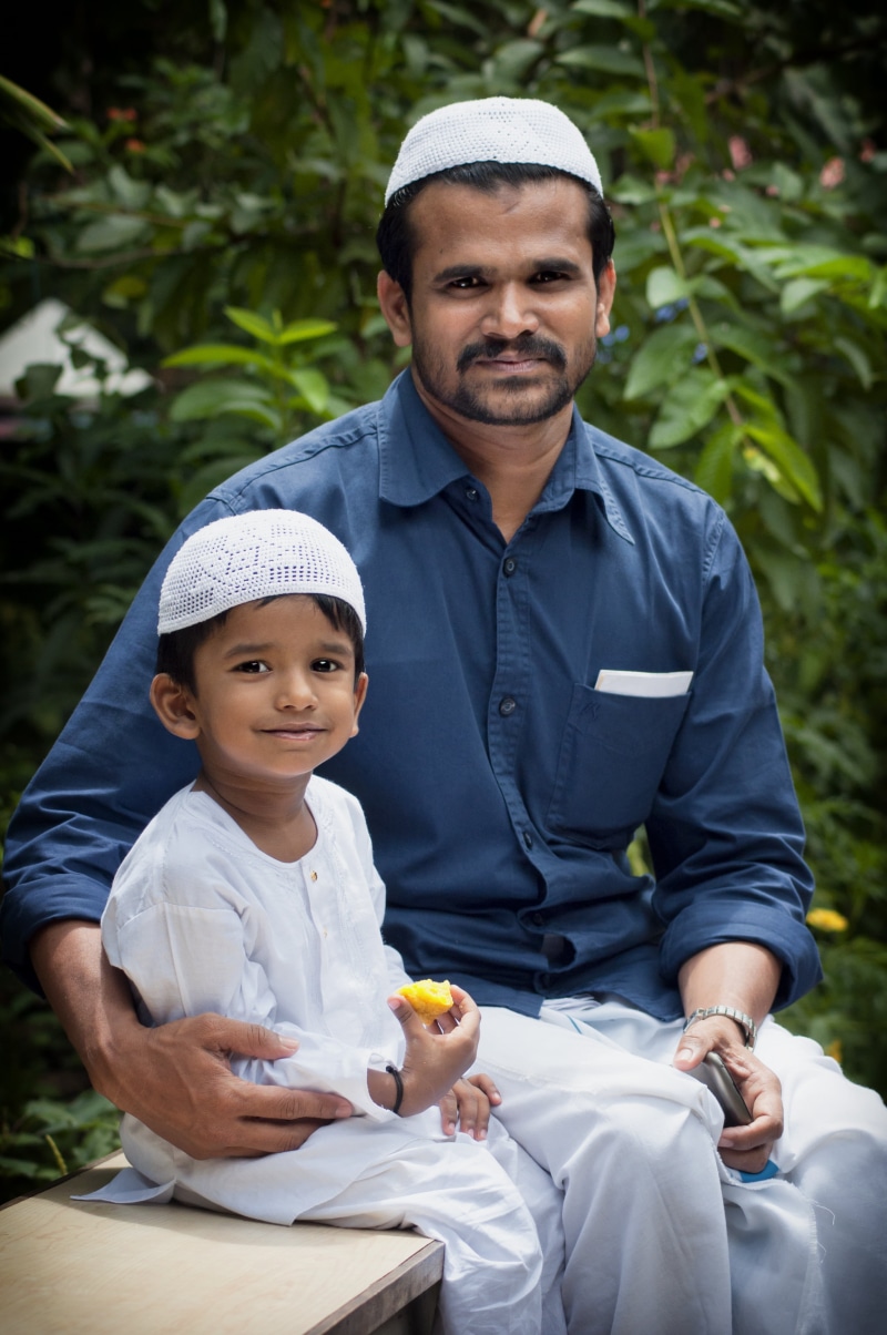 smile, islam, man, blue, father, portrait, cheerful, love, happy, males, child, together, beside, shirt, cute, boy, son, smiling, toddler, adult, eid, positive emotion