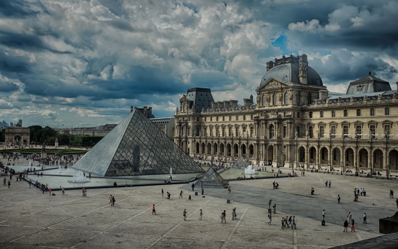 2K, pyramid, buildings, architecture, clouds, louvre, paris, hd, the