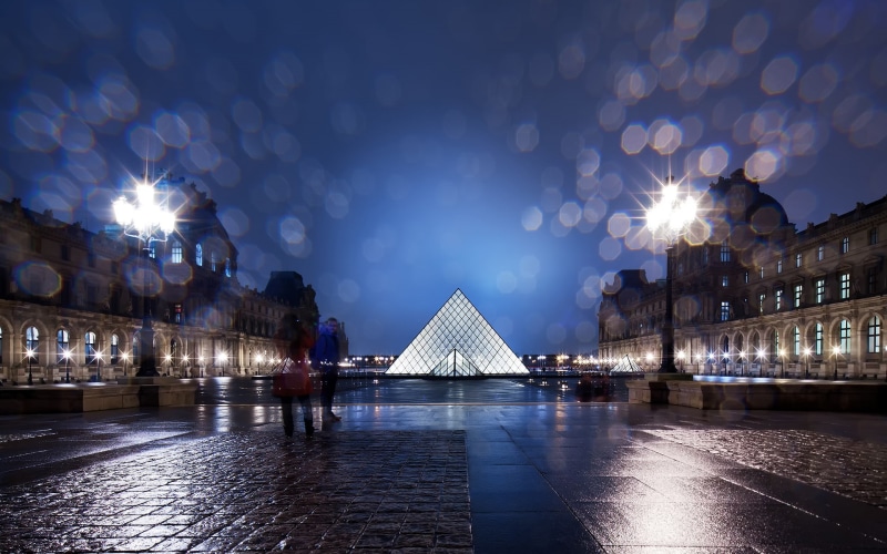 wet, hd, buildings, louvre, architecture, the, night, pyramid, light, paris, 1080P, bokeh, rain