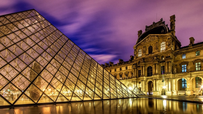 buildings, night, lights, louvre, architecture, pyramid, the, hd, paris, 1080P