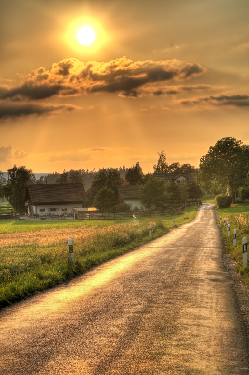 agriculture, Paths, non-Urban Scene, landscaped, gradient, summer, tones, yellow, view, sun, village, rays, houses, yellow sun, nature, grass, hdr, farm