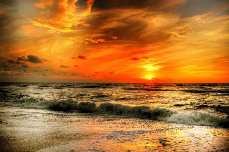 beach, Sun, view, wave, tranquil Scene, Sea, gold, Denmark, sunrise - Dawn, scenics - nature, horizon, no People, clouds, sport, nature, coastline, seashore