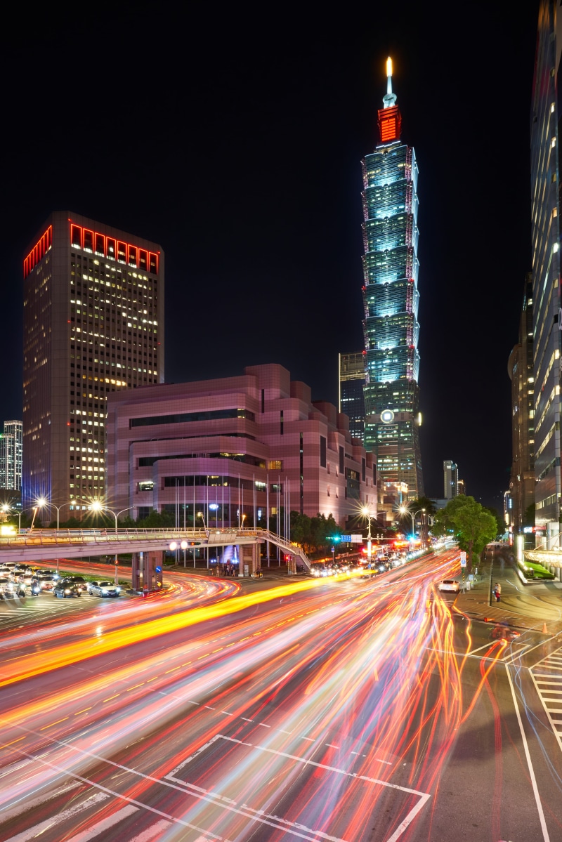 long exposure, road, highway, night city, light trail, time lapse, outdoors, building, photography, Taipei, Taipei 101, light streaks, lapse, built structure