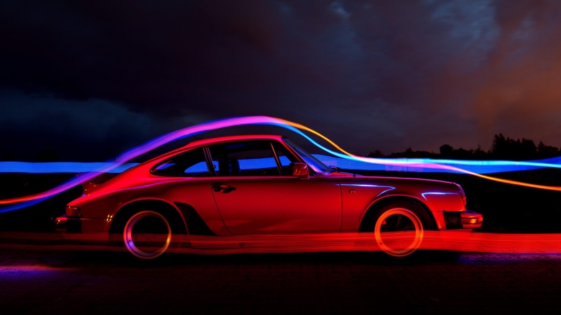 glowing, night, mode of transportation, porsche 911, land vehicle, porsche, sky, automotive design, classic car, transportation, city, sports car, 4K