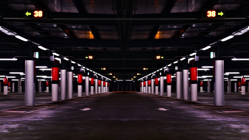diminishing perspective, gray, 5K, sign, parking, no people, public transportation, lighting equipment, concrete, long, night, architecture, red, corridor