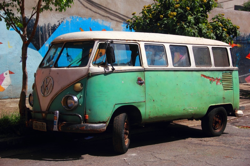 tree, photograph, sunlight, volkswagen, automobile, shadow, white, land vehicle, vehicle, old, plant, motor vehicle, day, car, street, 5K, green, architecture