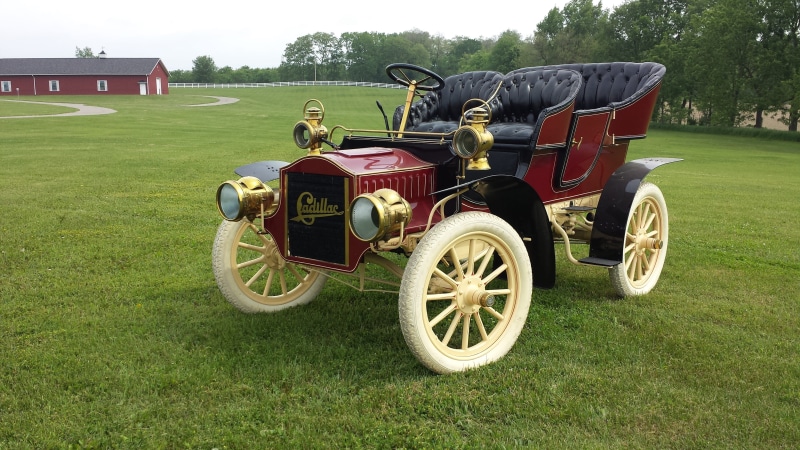 grass, no people, growth, plant, old, lawn, field, 1905 cadillac, restoration, image, automobile, mode of transportation, transportation, vintage, cadillac