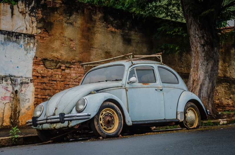 parked, abandoned, mode of Transport, history, vintage, coupe, beetle, urban, city, old, road, collectors Car, outdoors, antique, no People, fusca, wall