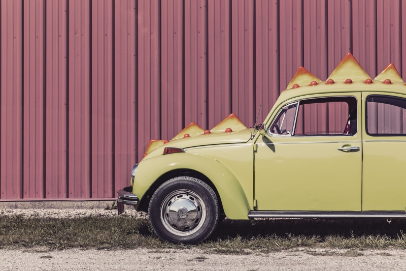 vehicle, no People, art, old-fashioned, humor, volkswagen, mode of transportation, objects, garage, silly, abstract, transportation, yellow, antique, Volkswagen beetle