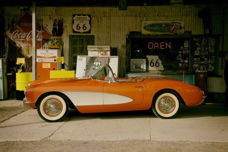 land Vehicle, oldster, built structure, coupe, city, 1080P, corvette, store, text, convertible, auto, stationary, motor vehicle, architecture, retro Styled