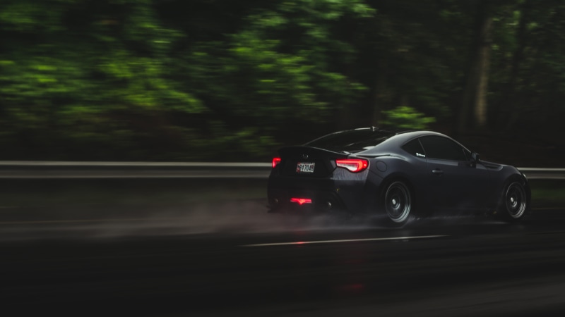 red, tree, blurred motion, subaru, on the move, gray, dark, car, traveling, 5K, driving, street, black, coupe, tail light, wet, tokyo, asphalt, nature