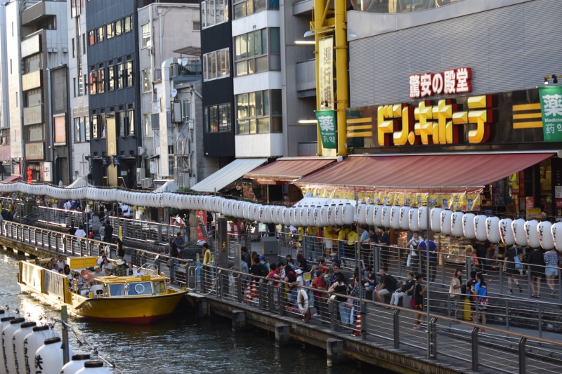 men, communication, crowd, nautical vessel, buildings, group of people, cityscape, high, advertising, built structure, japan, shops, city, osaka, large group of people
