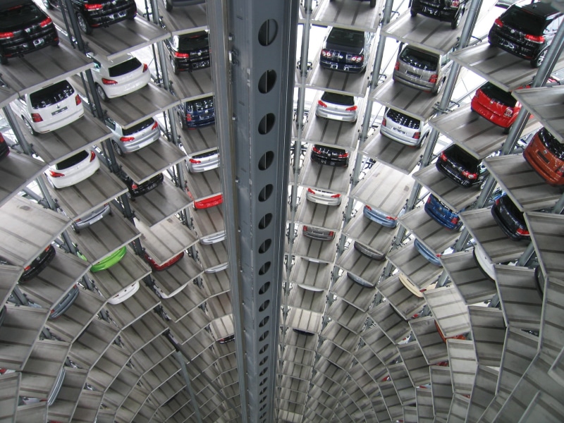 color, production, architecture, in a row, multi storey car park, vehicles, silver colored, choice, vw, science fiction, deep, warehouse, metal, autombilbau